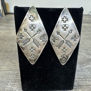 Large Vtg 1940s Fred Harvey Era Native American Sterling Navajo Stamped Earrings